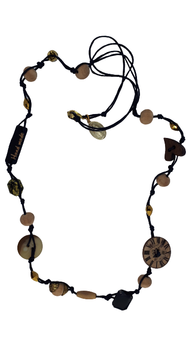 Halskette schwarze Schnur Holzdekor und goldene Glasperlen - Schmuck>Halsketten